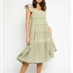 Olivaceous gray embroidered midi dress peasant boho romantic